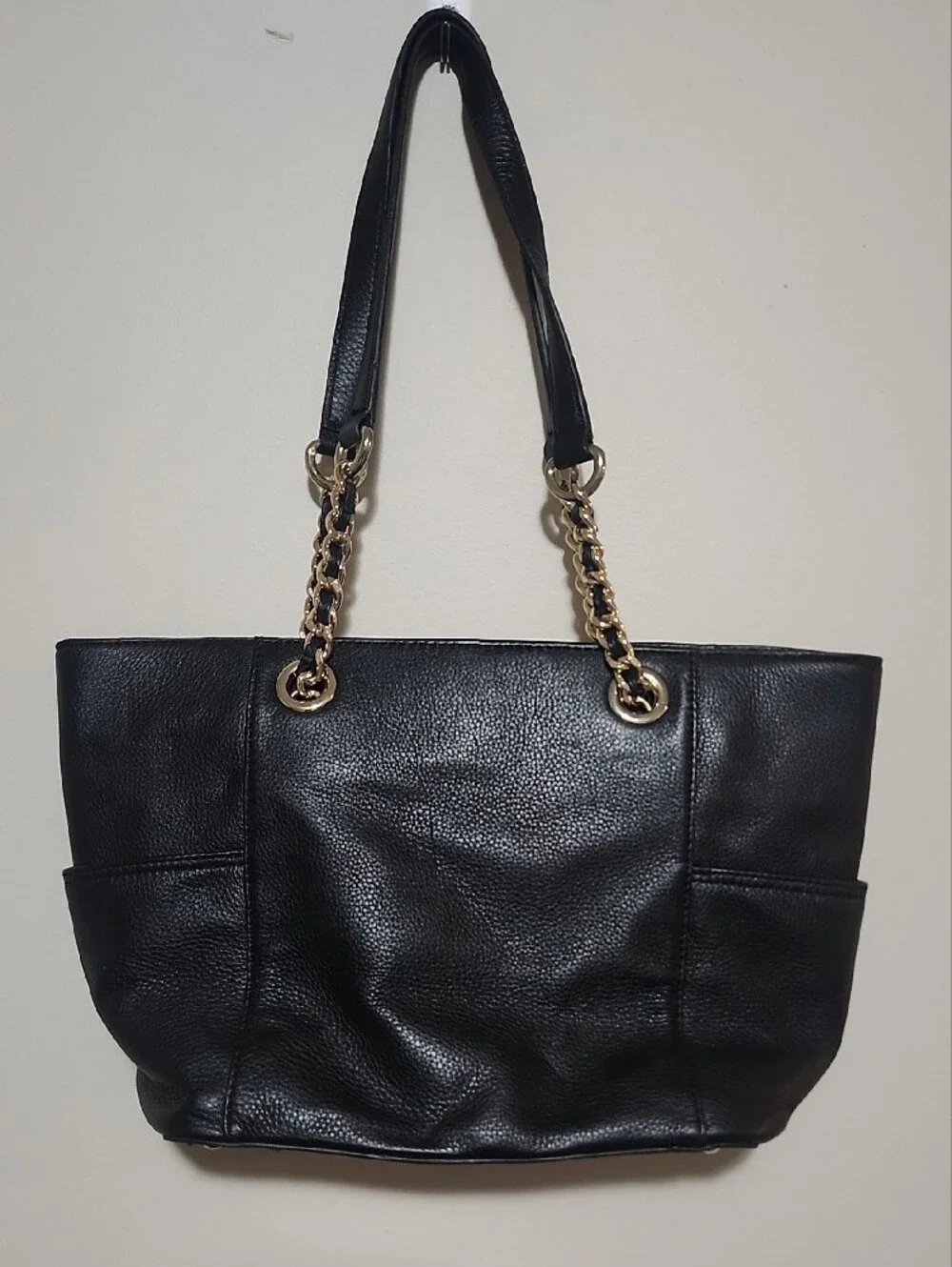 EUC Calvin Klein Black Pebbled Leather Tote Gold Chain Strap Whimsigoth Designer